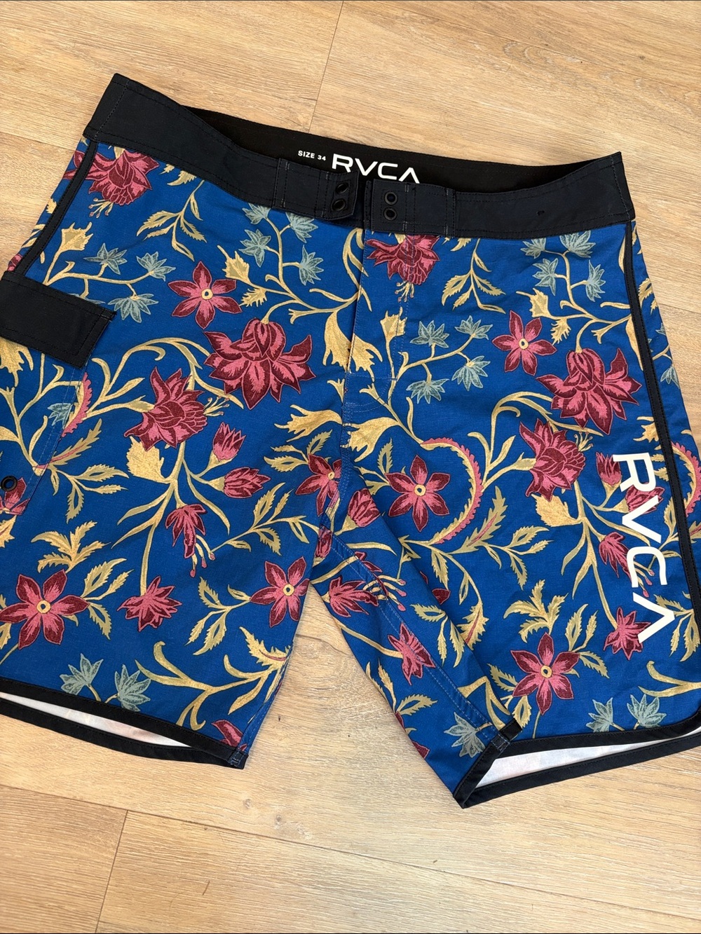RVCA Royal Blue Floral Swim Trunks with Red and Gold Accents